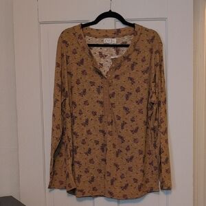 Maurices Tan Blouse with Purple Floral Print